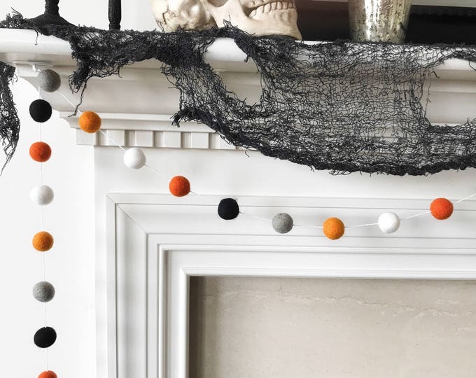 Featured listing image: Halloween Garland, Orange Grey and Black Felt Ball Garland, Ghost and Pumpkin Pom Pom Garland, Halloween Banner, Halloween Party Decor