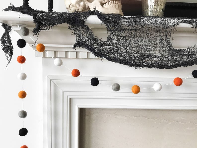 Halloween Garland, Orange Grey and Black Felt Ball Garland, Ghost and Pumpkin Pom Pom Garland, Halloween Banner, Halloween Party Decor image 1