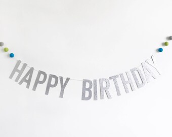 Bannière à paillettes avec pompons en feutre, bannière joyeux anniversaire, décoration de fête à paillettes, bannière à paillettes dorées, bannière de fête, bannière d'anniversaire