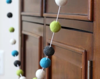 Felt Ball Garland, Boys Nursery Decor, Pom Pom Garland, Blue, Green and Grey Birthday Party Decor