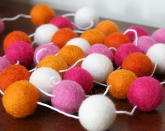 Pink and Orange Baby Shower Decoration, Felt Ball Garland, Birthday Party Garland, You Are My Sunsine Garland, Girl Birthday Party Banner