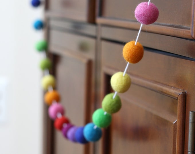 Featured listing image: Rainbow Felt Ball Garland, Girl or Boy Baby Shower Pom Pom Garland, Banner, Party Decor