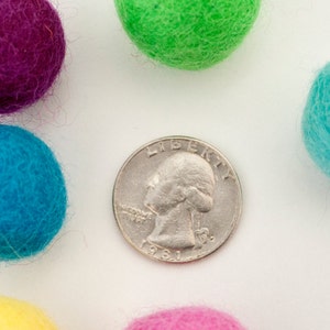 May include: A collection of colorful felt balls in shades of purple, green, blue, yellow, and pink, arranged around a silver US quarter with the year 1981 visible.