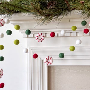 Santa&#39;s Workshop Christmas Felt Ball Garland, Peppermint Pom Pom Garland, Christmas Decoration, Felt Ball Bunting