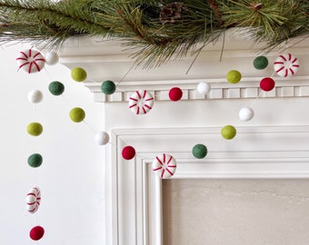 Santa's Workshop Christmas Felt Ball Garland, Peppermint Pom Pom Garland, Christmas Decoration, Felt Ball Bunting