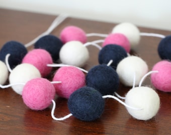 Pink and Navy Preppy Garland, Baby Shower Garland, Felt Ball Garland, Girls Pom Pom Garland, Nursery Decor