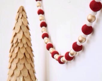 Gold and Red Christmas Garland, Christmas Felt Ball Garland, Metallic Holiday Garland, Burgundy and Gold Christmas Decor