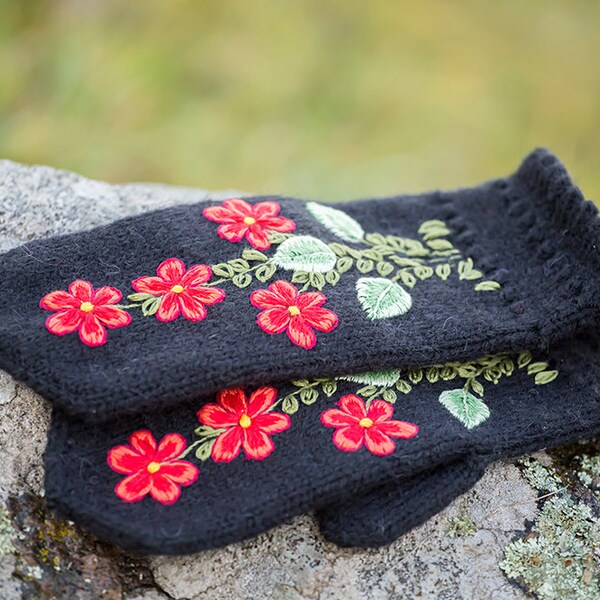 FREE SHIPPING. Ready to ship.  Black mittens with red embroidered  flowers- warm mittens- handknitted mittens- embroidered mittens