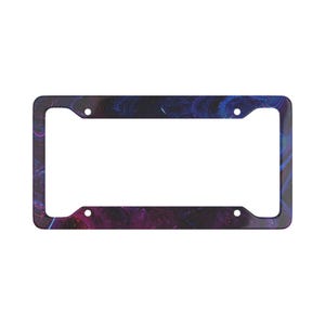 May include: License plate frame with a swirling, abstract design in shades of blue, purple, and pink. The frame has a black border and four mounting holes. The design gives the frame a cosmic or galaxy-like appearance.