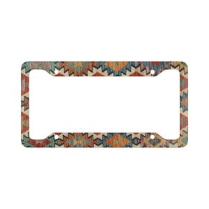 May include: Rectangular license plate frame with a colorful geometric pattern. The design features a repeating pattern of diamonds and zigzags in shades of red, blue, orange, and green. The frame has four mounting holes.