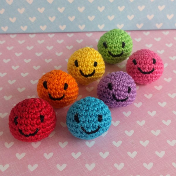 Little Balls of Happy - smiley face, novelty, gift, collectible, keyring, keychain, crochet, cotton, rainbow, colourful, colorful