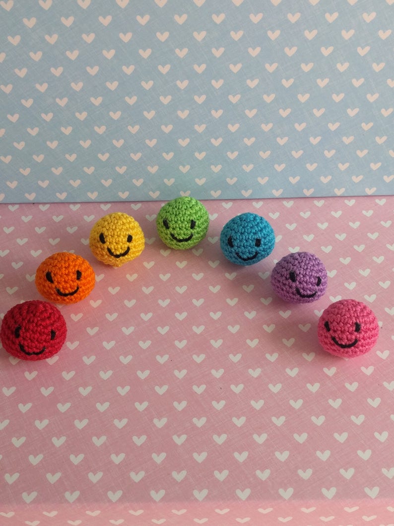 Little Balls of Happy smiley face, novelty, gift, collectible, keyring, keychain, crochet, cotton, rainbow, colourful, colorful image 3