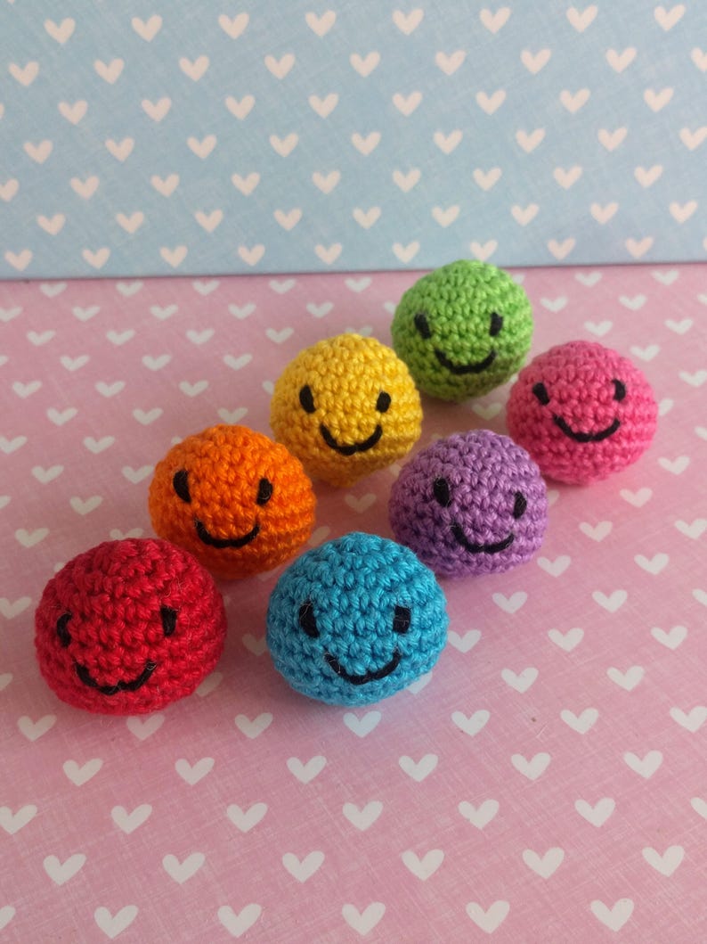 Little Balls of Happy smiley face, novelty, gift, collectible, keyring, keychain, crochet, cotton, rainbow, colourful, colorful image 1