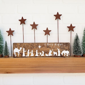 Dekoracja z drewnianym znakiem szopki bożonarodzeniowej | O Holy Night Nativity | Dekoracja świąteczna | Nowoczesny wystrój wiejskiego domu
