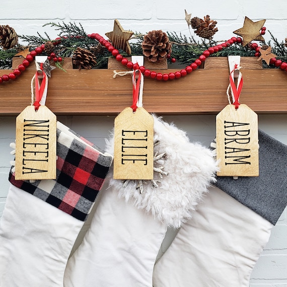 Personalized Christmas Stockings Wooden Name Tags with Buffalo