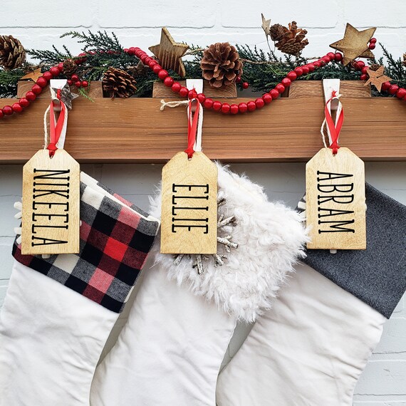 Personalized Christmas Stockings Wooden Name Tags with Buffalo