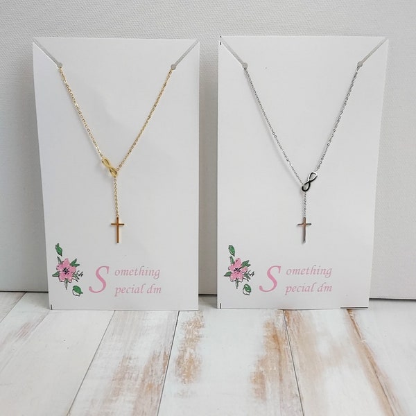 Cross and Infinity Necklace, Gold and Silver Infinity Necklace with Cross Necklace, Infinity Necklace with Cross Sliding Through.