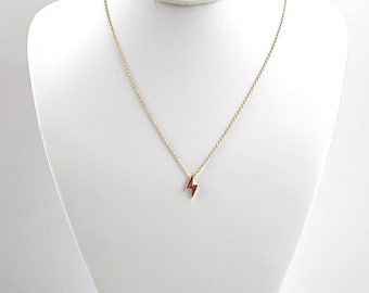 Gold Lightning Bolt Necklace, Small Lightning Bolt Gold Necklace. Gold Chain Necklace with Lightning Bolt Charm.