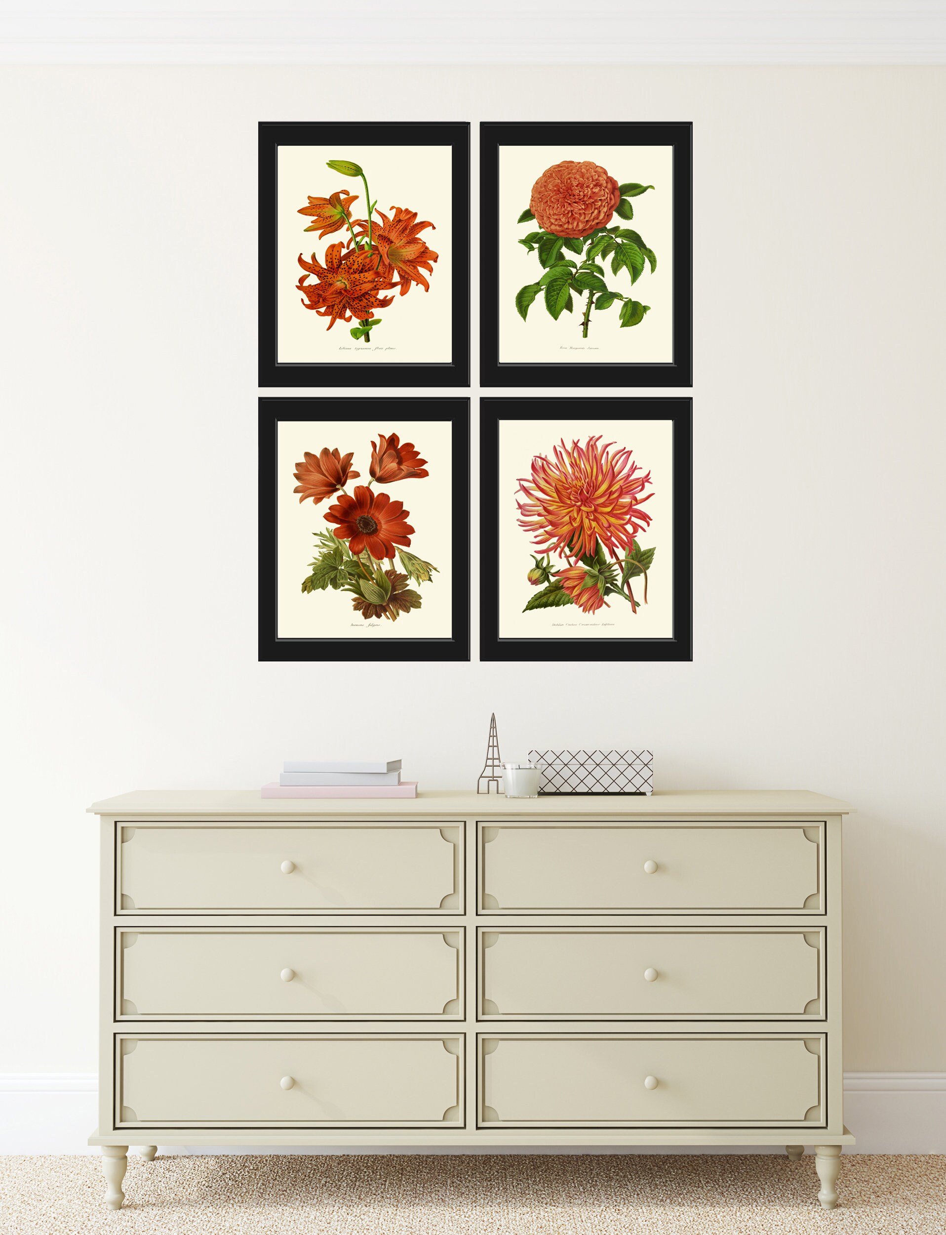 Flower Botanical Print Set of 4 Beautiful Antique Lily Rose Anemone ...