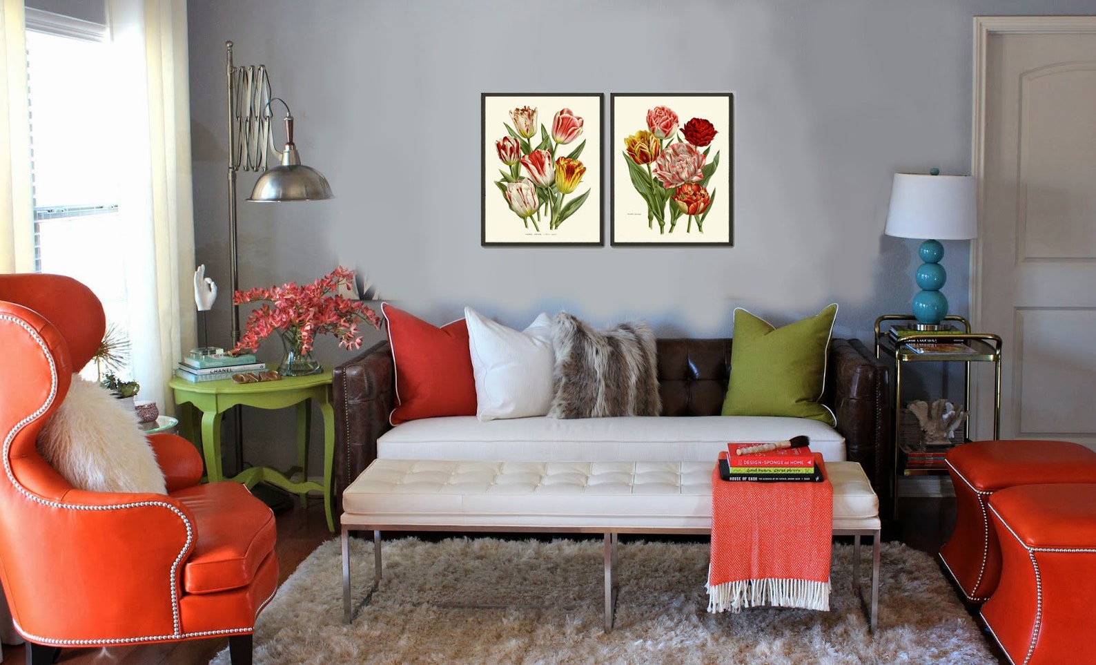 Tulip Prints Botanical Wall Art Set of 2 Flowers Beautiful Red White ...