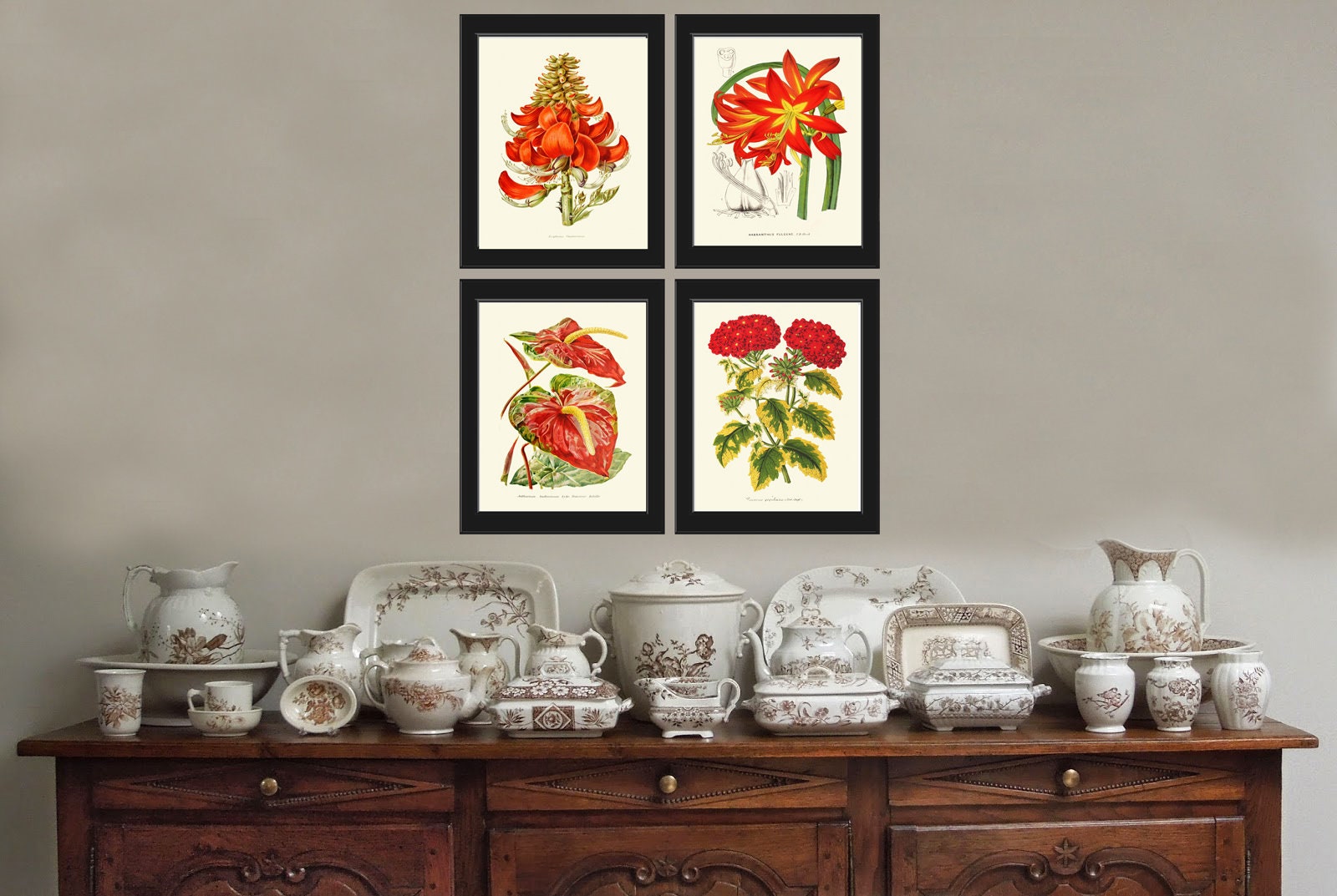 Tropical Red Flowers Art Print Set of 4 Botanical Antique Anthurium ...