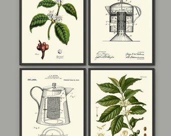 Coffee Wall Art Print Set of 4 Prints Arabic Liberian Green Plant Pot Patents Kitchen Dining Room Home Room Decor Decoration Poster to Frame