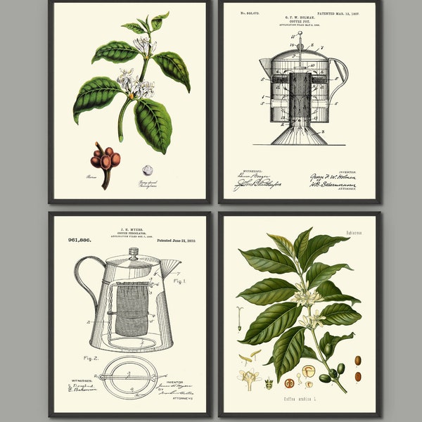 Coffee Wall Art Print Set of 4 Prints Arabic Liberian Green Plant Pot Patents Kitchen Dining Room Home Room Decor Decoration Poster to Frame