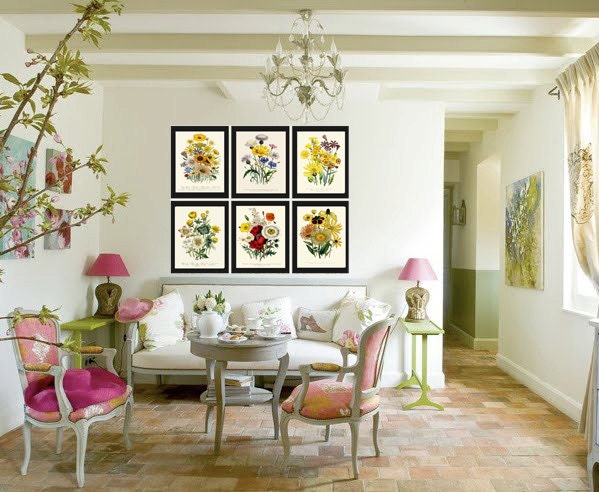 PRINT SET of 6 Botanical Art Beautiful Wildflowers French Country ...