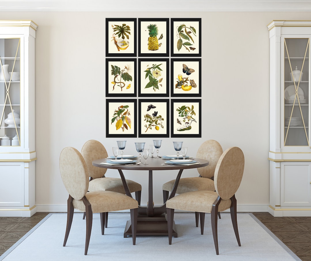 Tropical Print Set of 9 Fruits Flowers Wall Art Beautiful White ...