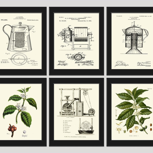 Coffee Print Wall Art Home Decor Set of 6 Prints Beautiful Plant Patent Scientific Coffee Making Illustration Picture Home Decor to Frame