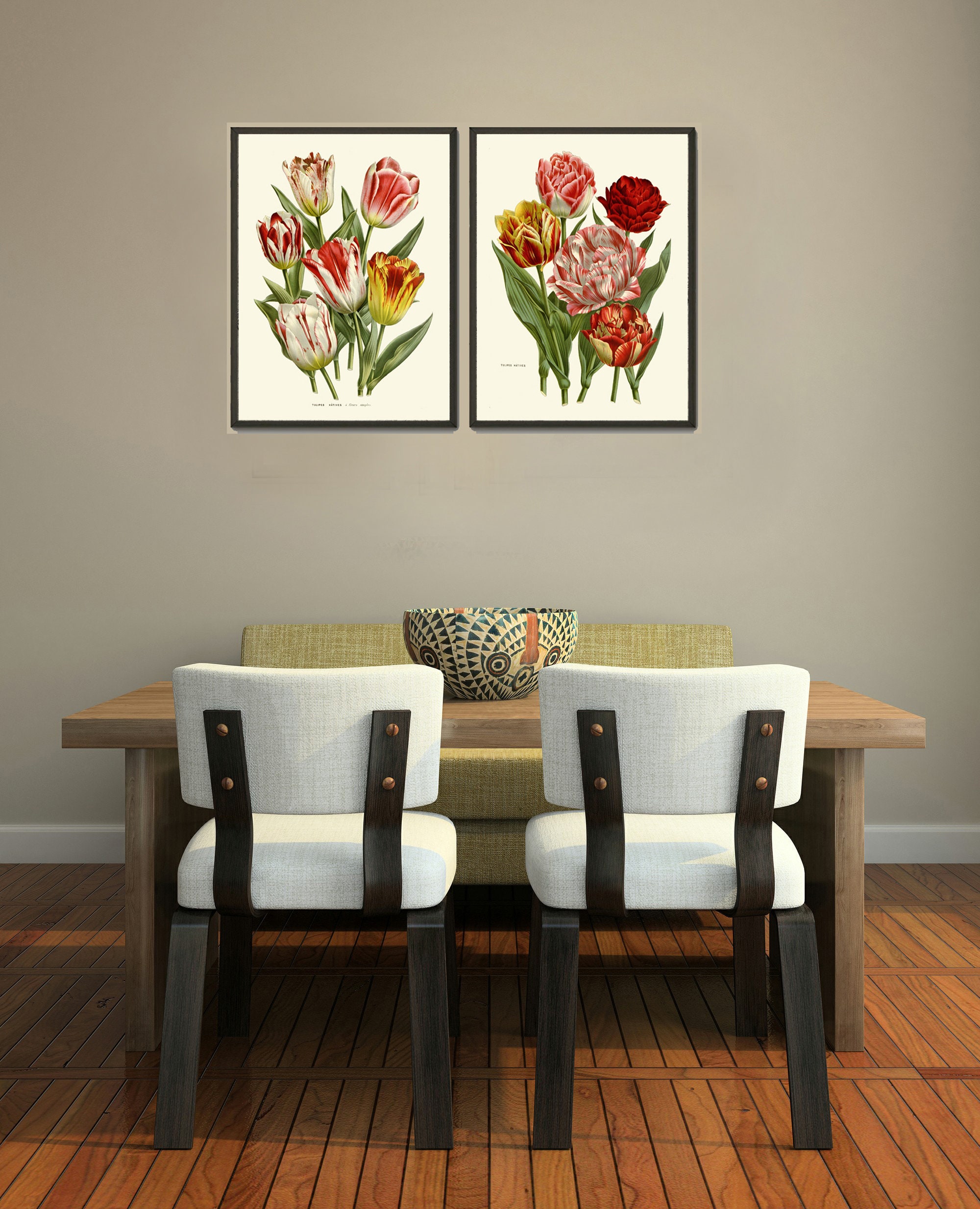 Tulip Prints Botanical Wall Art Set of 2 Flowers Beautiful Red White ...