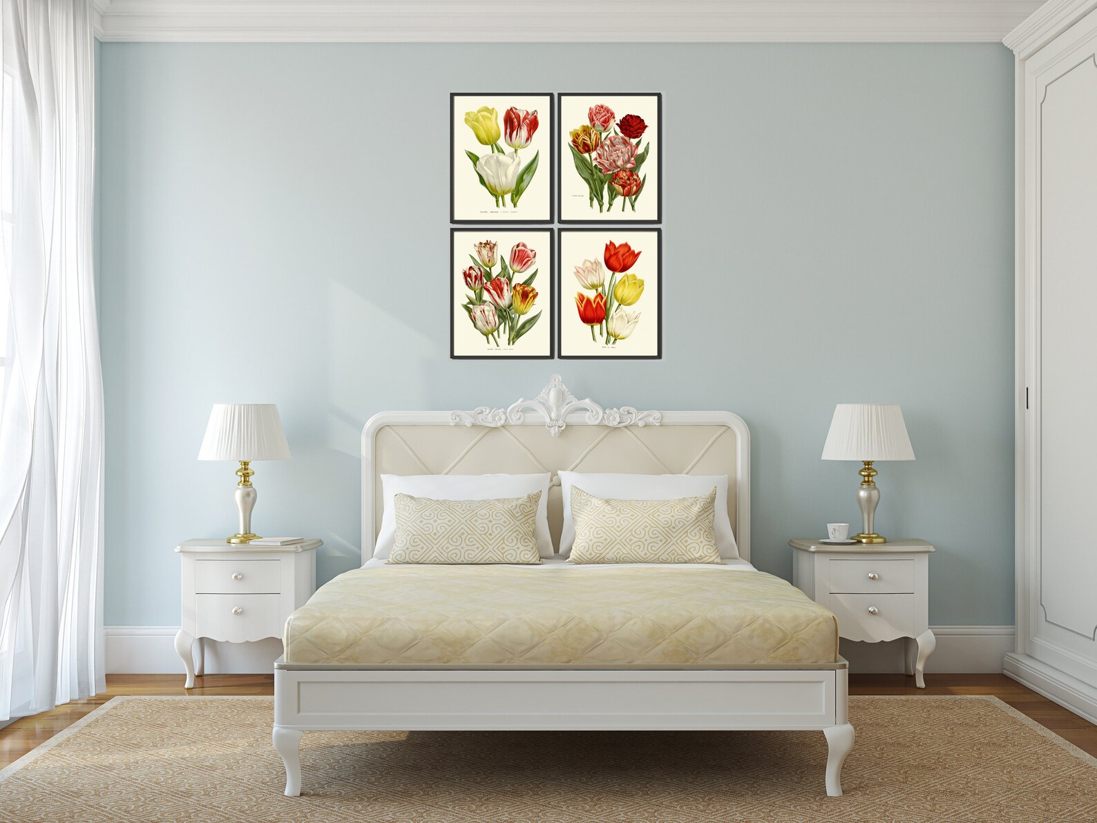 Tulip Flowers Wall Art Print Set of 4 Antique Watercolor | Etsy