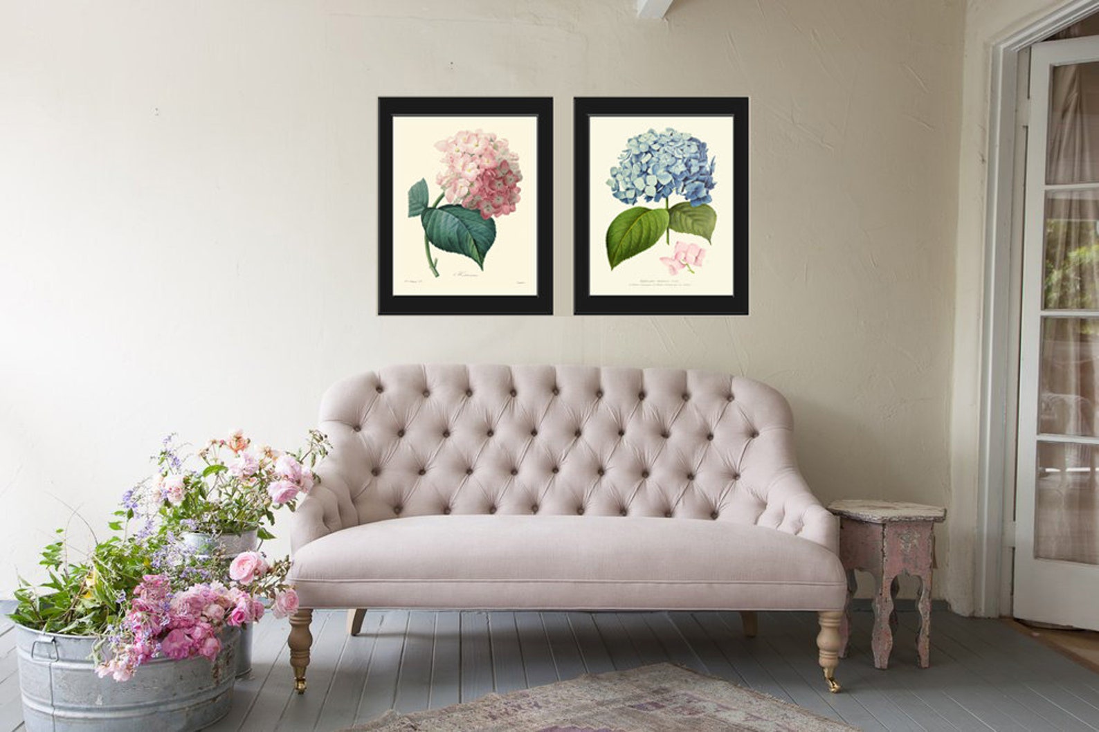 Hydrangea Botanical Print Set of 2 Beautiful Antique Pink Blue Garden ...