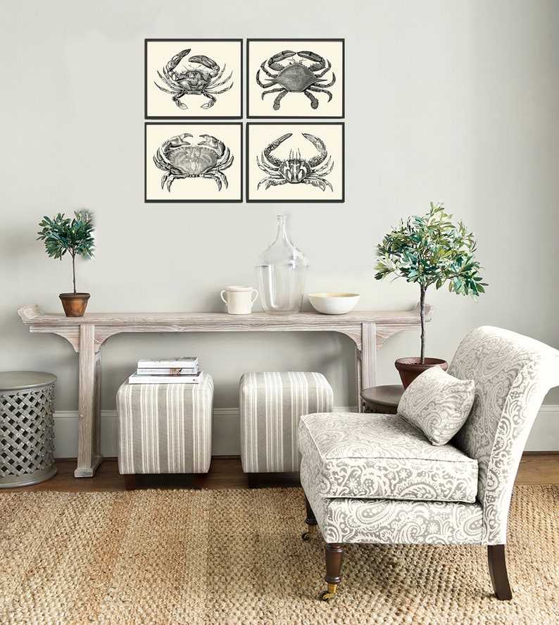 Crab Print Set of 4 Beautiful Antique Vintage Crabs Sea Ocean Beach Cottage Nature Home Bedroom Living Room Hallway Room Wall Decor to Frame image 4