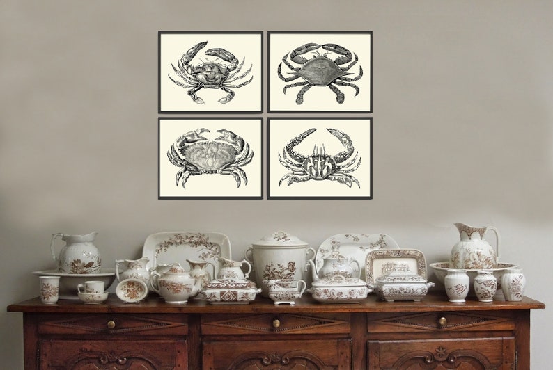 Crab Print Set of 4 Beautiful Antique Vintage Crabs Sea Ocean Beach Cottage Nature Home Bedroom Living Room Hallway Room Wall Decor to Frame image 2