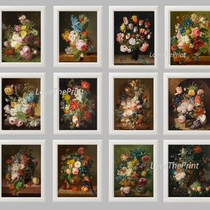 May include: A set of 10 framed prints featuring still life paintings of colorful flower arrangements. Each print depicts a different bouquet of flowers in a vase or on a table, with some including additional elements like fruit or birds.