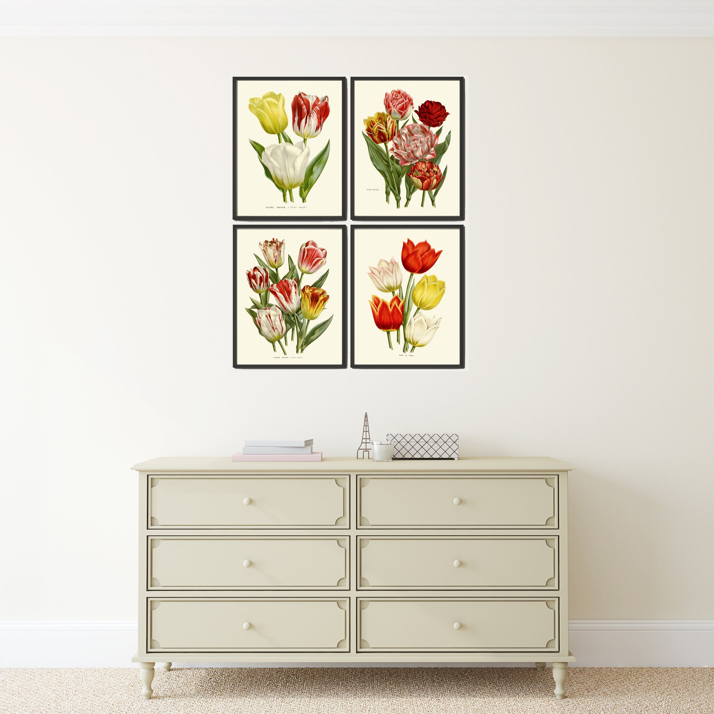 Tulip Flowers Wall Art Print Set of 4 Antique Watercolor - Etsy