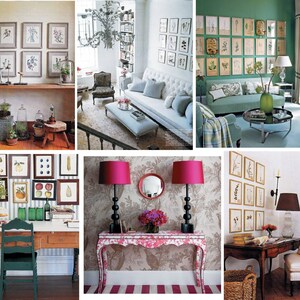 May include: A collage of interior design images featuring framed botanical prints, decorative lamps, and various furniture arrangements. The rooms showcase a mix of styles, with a focus on art and home decor.