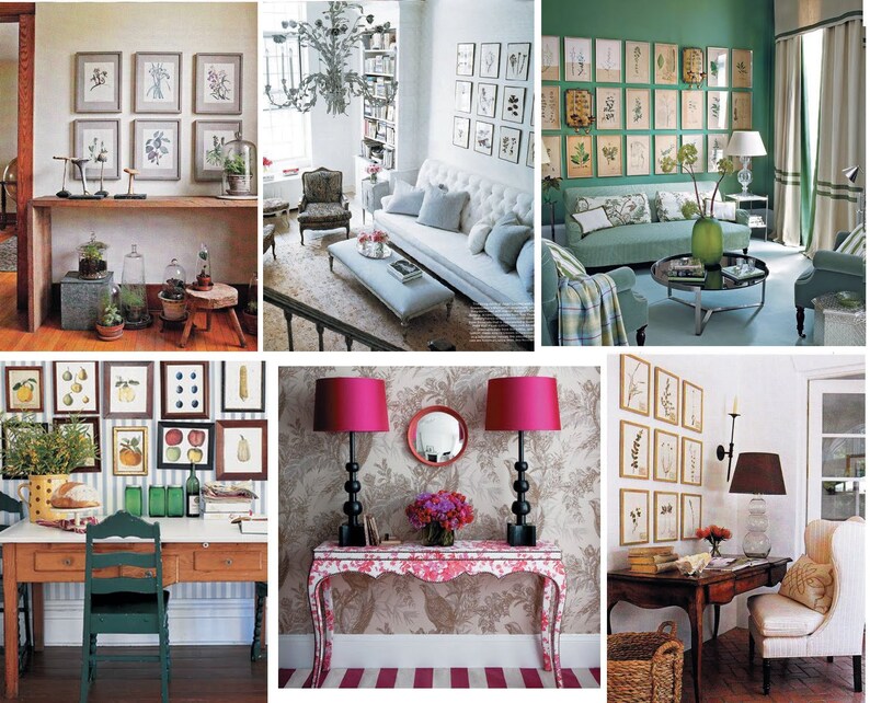 May include: A collage of interior design images featuring framed botanical prints, decorative lamps, and various furniture arrangements. The rooms showcase a mix of styles, with a focus on art and home decor.