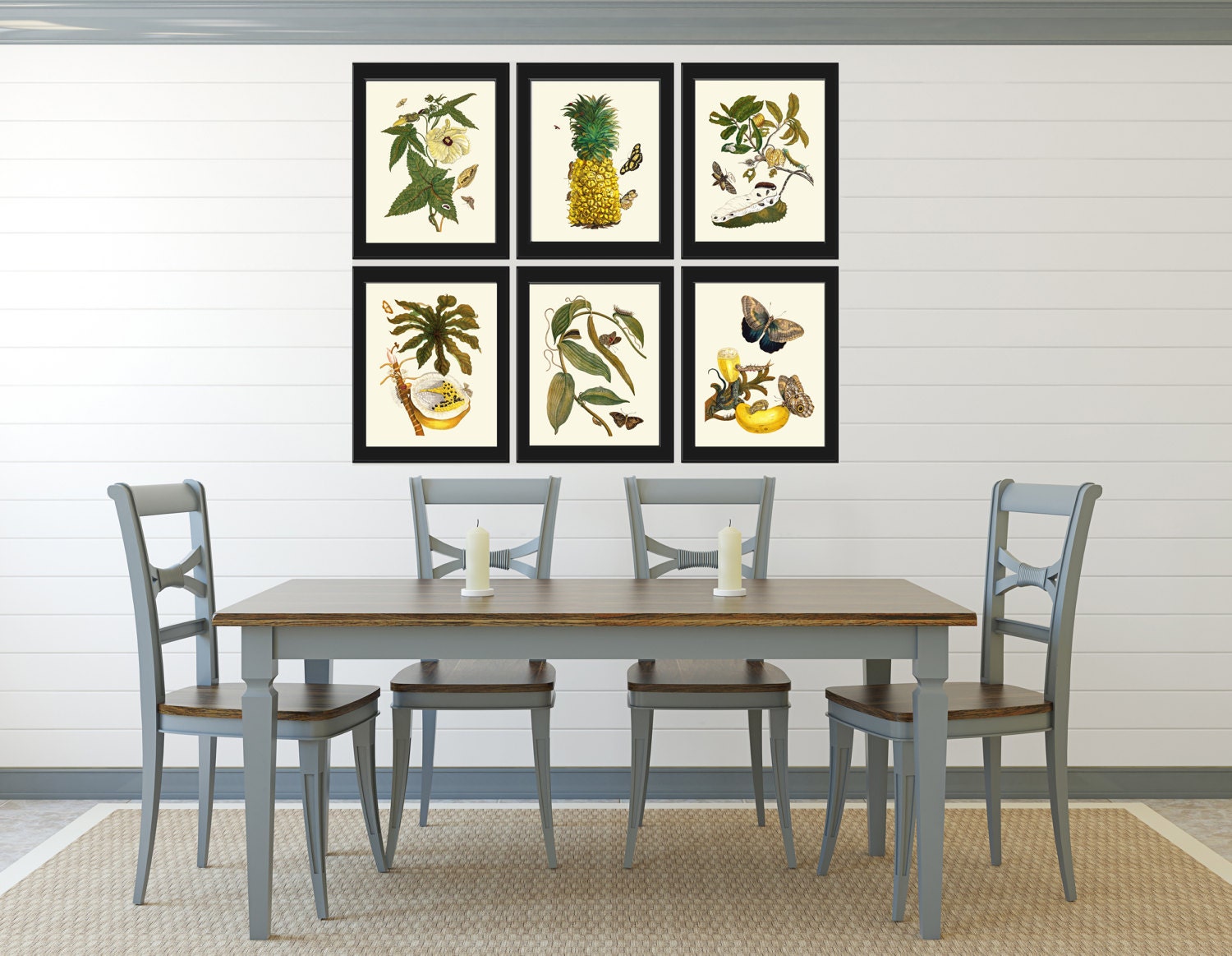 Botanical PRINT SET of 6 Fruits Wall Art Beautiful White Hibiscus ...