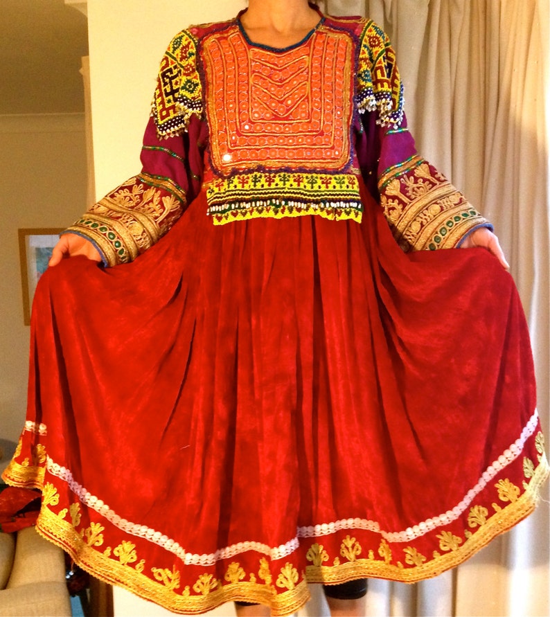 Red Gold Afghan Dress Embroidered Tribal Dress Vintage Etsy