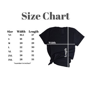 May include: Size chart for a t-shirt with measurements in inches for width and length. Sizes include XS, S, M, L, XL, 2XL, and 3XL.