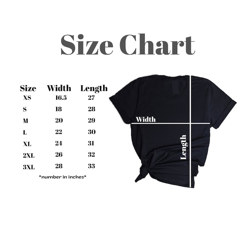 May include: Size chart for a t-shirt with measurements in inches for width and length. Sizes include XS, S, M, L, XL, 2XL, and 3XL.