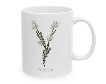 Yarrow Herb Alpha Ceramic Mug, Personalizable (11oz, 15oz)