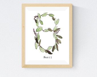 Basil Letter B Watercolor Print: Botanical Alphabet Art (5x7)