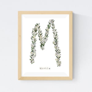 Watercolor Herb Alphabet Wall Print  - Letter &quot;M&quot; for Myrtle Flower Alphabet Letter - Choose from Other Sizes