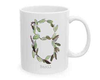 Basil Herb Alpha Ceramic Mug, Personalizable (11oz, 15oz)