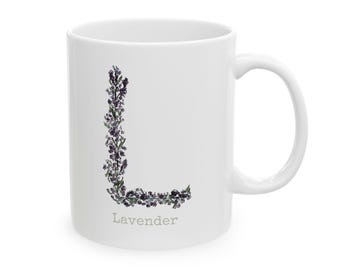 Lavender Herb Alpha Ceramic Mug, Personalizable (11oz, 15oz)