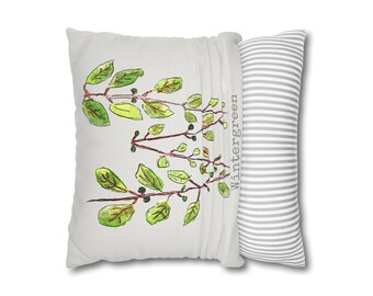 Wintergreen Botanical Pillow Cover, Taupe Herbal Floral Cushion, Spun Polyester Accent