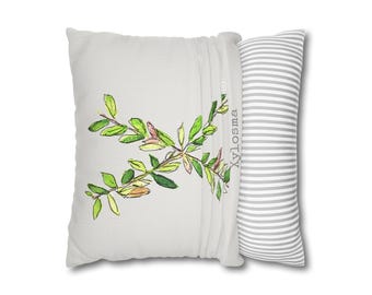 Xylosma Herb Botanical Pillow Cover, Taupe Floral Cushion, Spun Polyester Accent